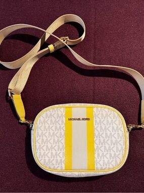 Michael Kors White and Yellow Stripe Signature Crossbody